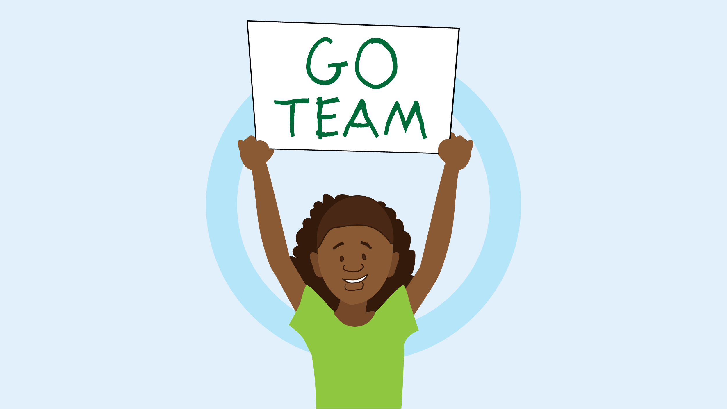 Animated black girl with sign above her head saying Go Team