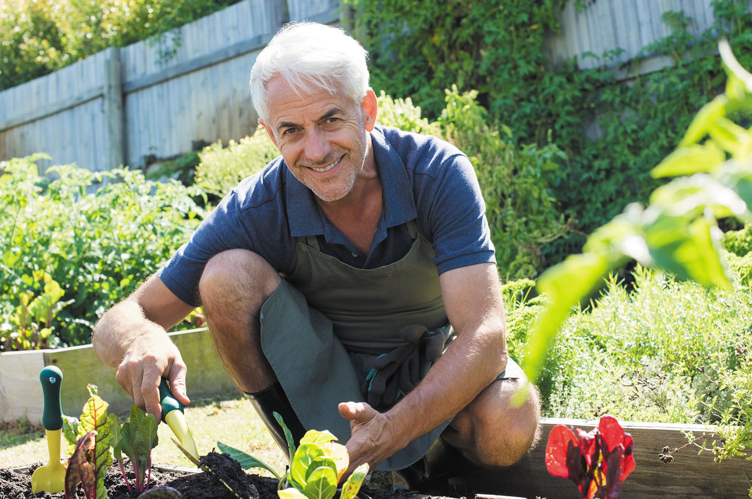 image of a mature man squatting while working in a garden