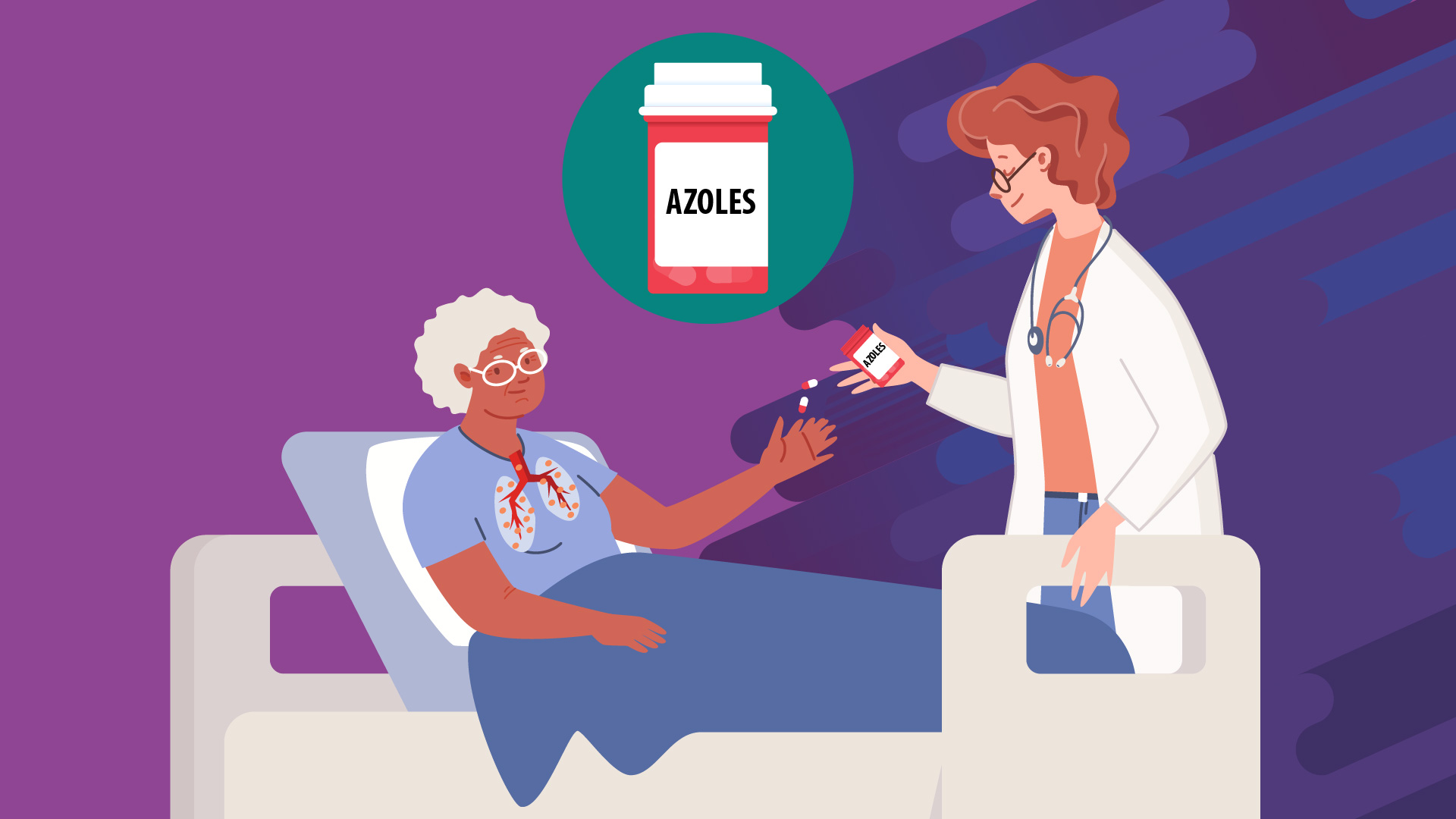elderly woman in a hospital bed with an infected lung and a nurse handing her azole tablets