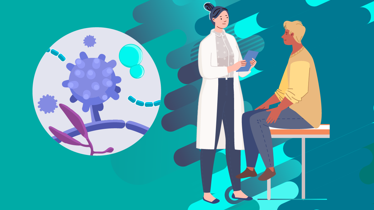 image of fungal microbes in the background and doctor talking to a patient.