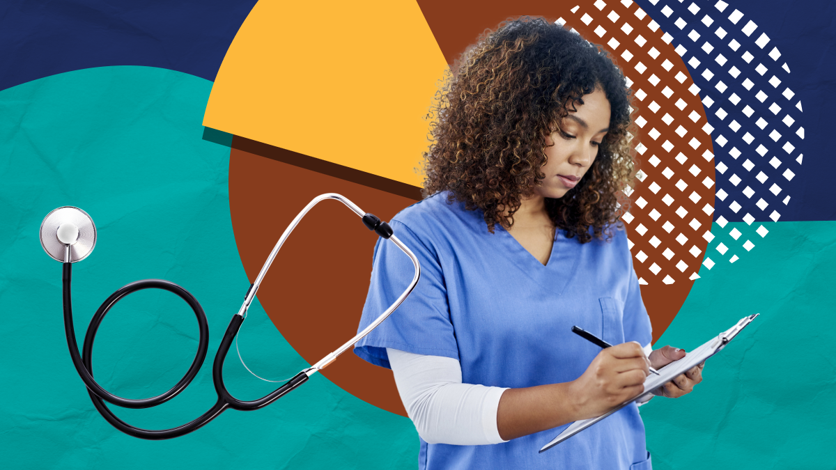 Stethoscope and a health nurse writing in a chart