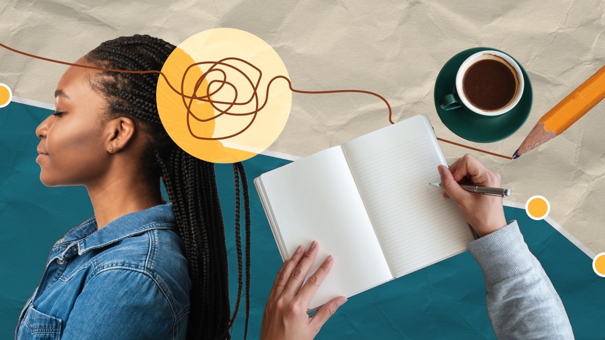 Abstract image of woman, coffee cup and person writing in diary