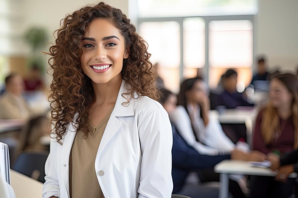 Female healthcare worker in white lab coat.