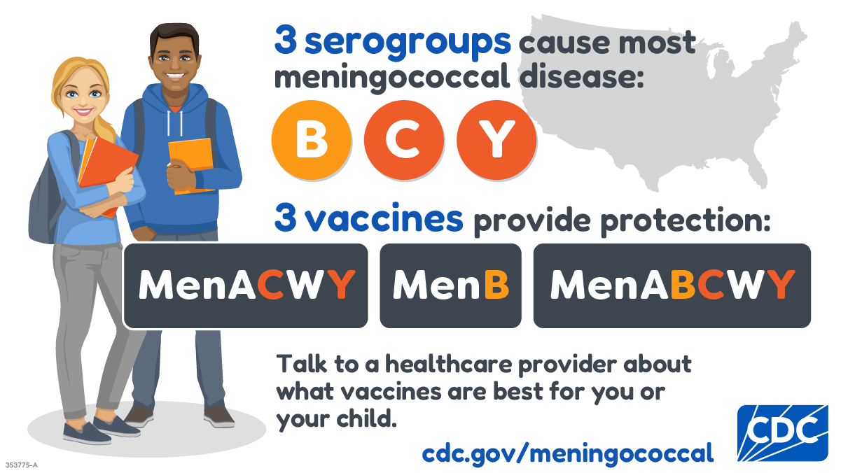 Three serogroups cause most meningococcal disease in the United States: B, C, and Y. Two vaccines provide protection: MenACWY helps protect against serogroups C and Y, while MenB helps protect against serogroup B. Talk to a vaccine provider about which vaccines are best for you or your child.