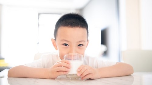 Boy drinks a glass of milk.