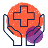 Illustrated icon of an orange and purple cross hovering over open hands